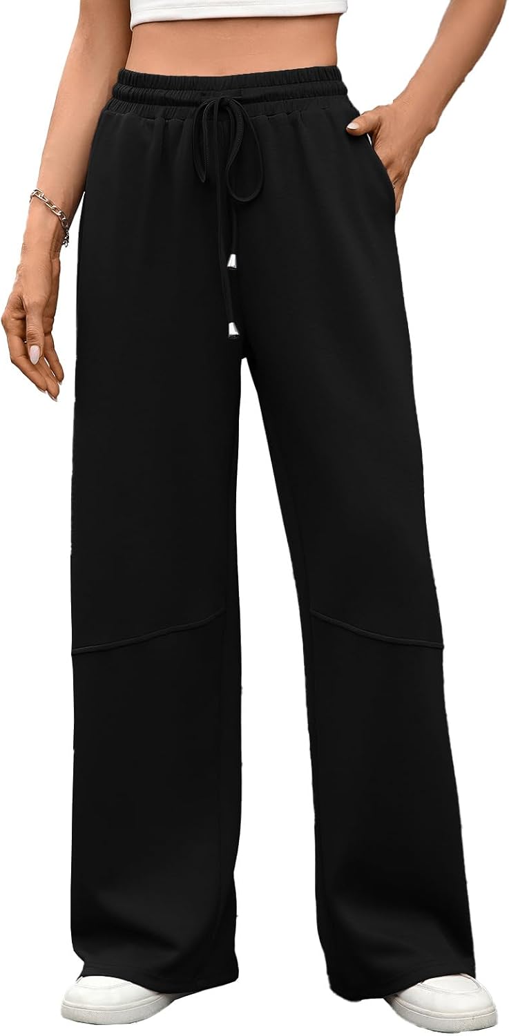 HOUZONIY Womens Wide Leg Sweatpants High Waisted Drawstring Straight Leg Baggy Comfy Casual Trendy Pull On Pockets Pants