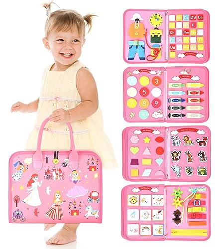 Busy Board for Toddlers, Quiet Book Montessori Educational Toys for 1 2 3 4 Years Old, 7 in 1 Preschool Sensory Activities Travel Toys with Life Skills Alphabet Numbers Shapes Color Animal Weather