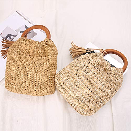 Bolso tote grande de paja tejido con asa redonda de madera miniatura 5