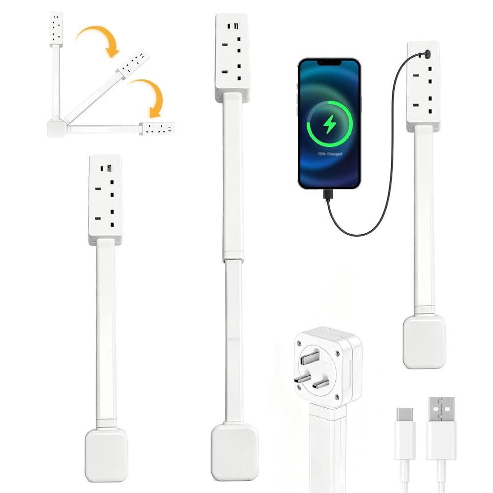 Electrical Outlet Extender, 180° Extendable Rotating Outlet, Extendable Swivel Socket Expander with 2 AC Outlets, USB-A, USB-C, for Behind Furniture and Tight Spaces, Desks U.K. Standard