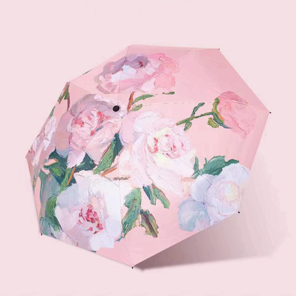 Dual-use Elegant Manual Compact Travel Folding Umbrella For Rain Wind and Sun, Double-sided Printed Oil Painting Floral Umbrella UV Ultraviolet Protection UPF50+ - Image 2