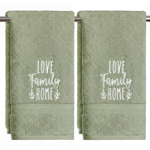 Artoid Mode 2 Pcs Sage Green Love Family Home Embroidered Hand Towels for Bathroom Cotton Soft Absorbent Farmhouse Decor Towels 13.7 x 29.5 Inch