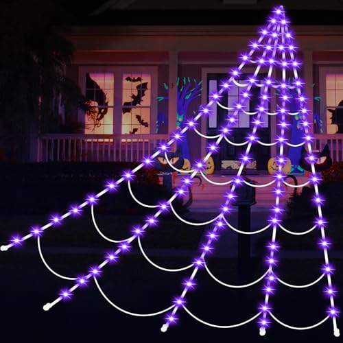 Halloween Decorations Spider Webs with 135 LED Lights 16.4FT (Purple), Giant Light-up Spiderweb 8 Modes, Waterproof, Timer, Outdoor Yard Scary Decoration Battery Oerated Halloween Lights