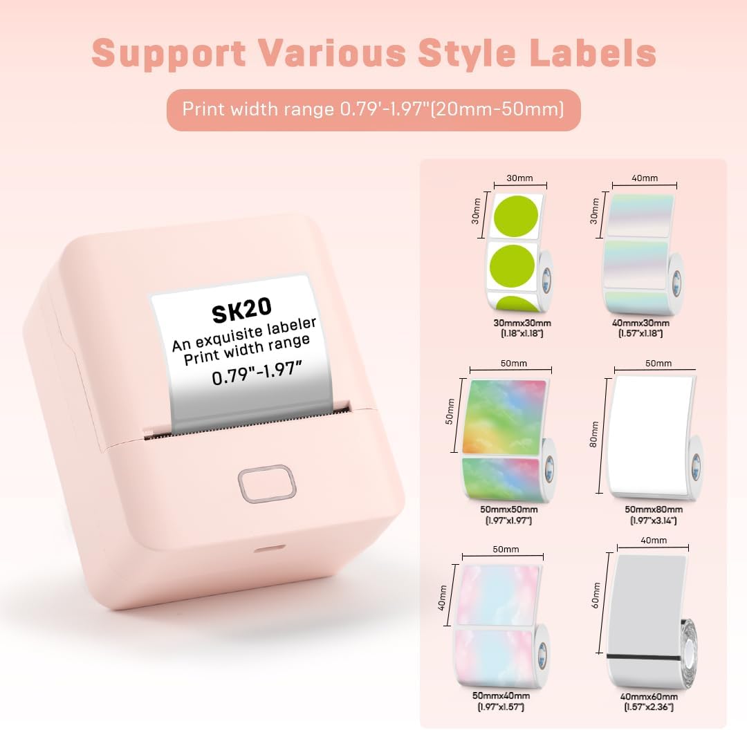 A pink KAYSION SK20 label printer with various label rolls and printed labels showing different sizes and designs. Text indicates print width range of 0.79-1.97 inches (20-50mm).