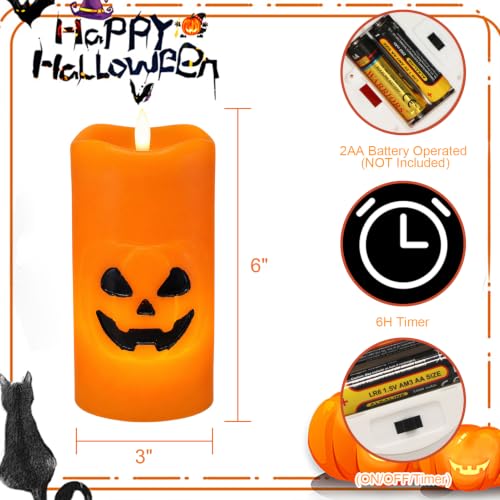 Image of Eldnacele Halloween Pumpkin Flameless Pillar Candles Battery Operated with 6 Hour Timer, 3D Wick Flickering Orange Real Wax Hand-Painted LED Candles Indoor Halloween Home Decor(2 Pack, 3 inch D x 6 inch H)
