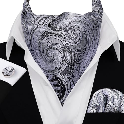 Image of Barry.Wang Ascot Ties Cravat Tie Men Paisley Plaid Scarf Self Tie Pocket Square Cufflinks Set Wedding Party