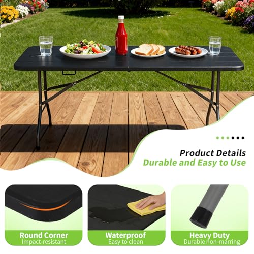 Image of BestOffice 6 FT Picnic Table, Portable Plastic Folding Table with Carrying Handle Perfect for Picnics, Parties, Party and Camping, Black Wood Grain