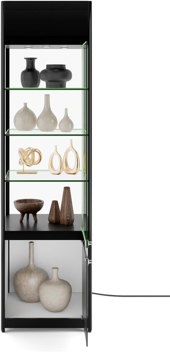 Displays2go 20" Display Case w/ LED Lights, Glass Shelves, Locking Hinged Door - Black (SCTLD2078)