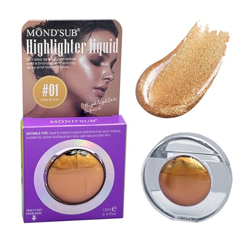 MONDSUB Multi-Use Liquid Highlighter for 3D Contour & Glow - Weightless Buildable Formula with Vitamin E, Warm Bronze Shimmer for Medium to Dark Skin Tones (0.33 Fl Oz)