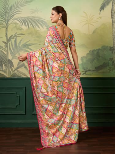 Image of Multi-Color Paisley Print Saree for Women | Fancy Mirror Work Traditional Saree with Blouse Piece