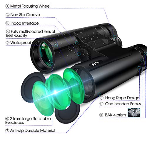 BFULL 10x42 Compact Binoculars for Adults, Powerful Binoculars with 21mm Large View Eyepiece, BAK4 Prism FMC Lens Binoculars for Bird Watching Hunting - Waterproof