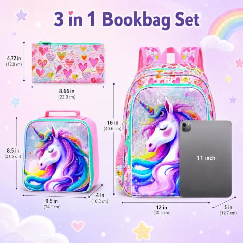 Image of WZLVO 3PCS Kids Backpack for Girls, Unicorn Dinosaur Animal Prechool Elementary Kindergarten School Bookbag with Lunch Box