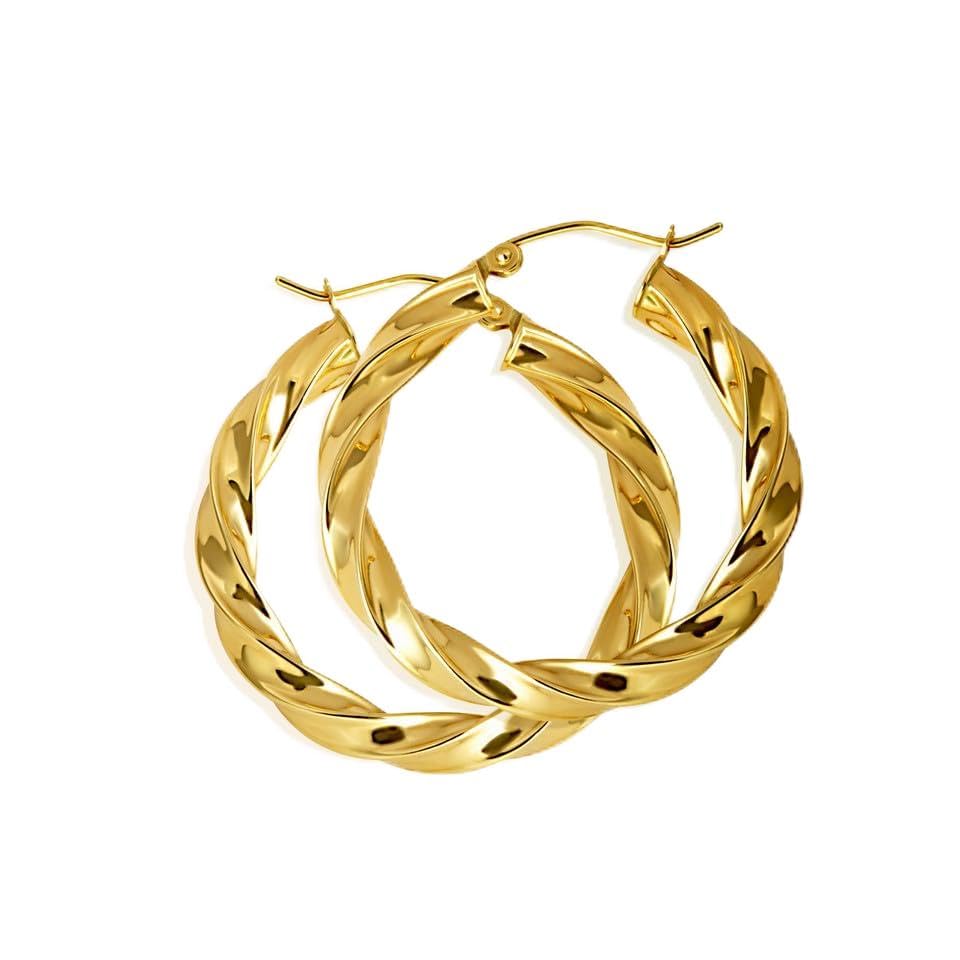 Solid 14K Yellow Gold Reversible Twisted Rope Hoop Earrings for Women Girls, 4mm Thick 30-40mm Diameters