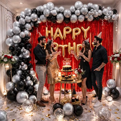 Image of 4 Pcs Foil Curtain Happy Birthday Decoration Kit Red for Anniversary Baby Shower Boys Girls Kids Party Pack Items Set Combo Aluminium Metallic Foil Fringe Shimmer Backdrop