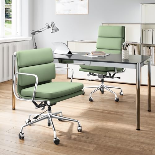 Image of Genuine Leather Office Chair, Padded Mid Back Ergonomic Executive Desk Chair with Aluminum Arm Rest and Base, Swivel Wheels with Lumbar Support & Tilting Function, Hight Adjustable, Light Green