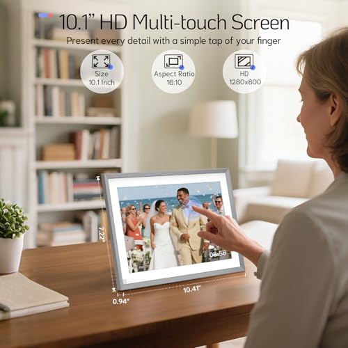 Image of NexFoto 10.1 inch Digital Picture Frame 64GB, HD Touchscreen WiFi Electronic Photo Frame, Share Photos /Videos via APP /USB, Add Pics from Google Photos, Gift for Mom /Wedding /Birthday, Silver