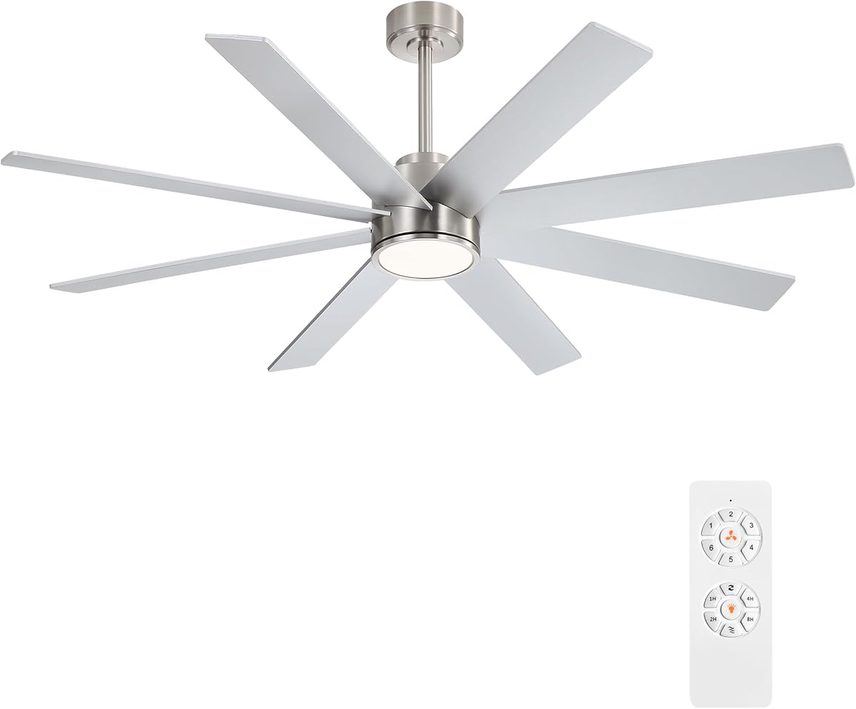 WINGBO 72" Large DC Ceiling Fans with Lights and Remote, 3 Downrods, 8 Plywood Blades, 6-Speeds Reversible DC Motor, 3CCT, Indoor Ceiling Fan for Bedroom Living Room Patio, Brushed Nickel and Silver