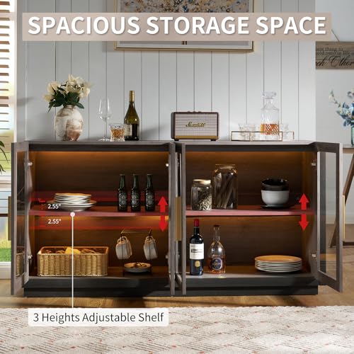 LUXOAK Sideboard Buffet Cabinet with Storage,64" Cabinet with Glass Door, Modern Wood Glass-Buffet Cabinet for Dinning Room,Kitchen, Hallway, and Living Room, Grey & Black