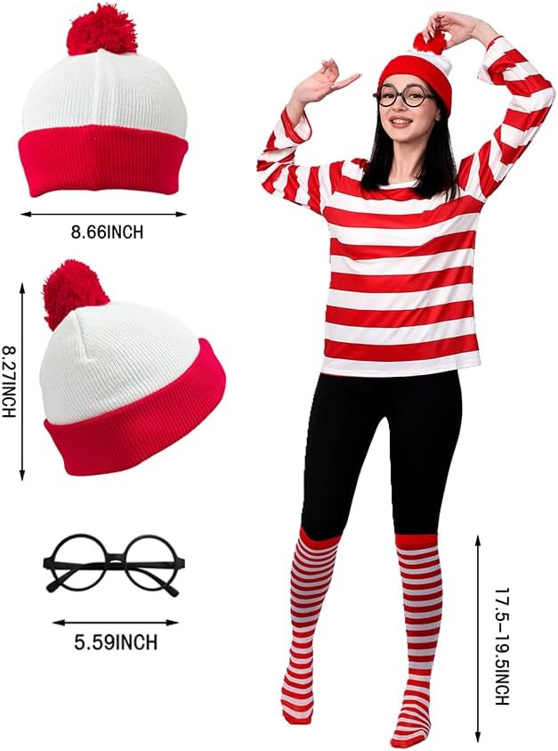Waldo Red and White Striped Shirt Adult Men Women's Halloween Cosplay Costumes Funny Sweatshirt Outfit Glasses Suits - Image 2