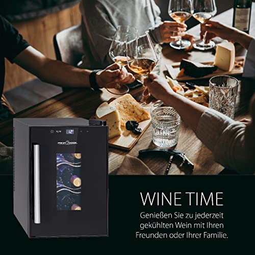 ProfiCook® Weinkühlschrank für 6 Flaschen, Getränkekühlschrank mit UV-beständiger Glastür, Weinkühler mit LED-Beleuchtung u. 3 Lagerebenen davon 2 herausnehmbar, Bereich: 11-18°C, 17L - PC-WK 1230