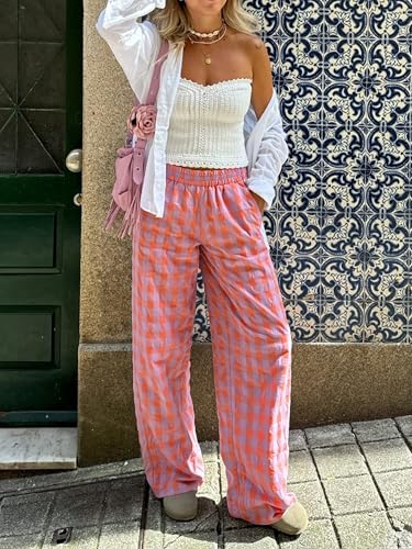 Sunloudy Women Drawstring Plaid Long Pants Elastic Waist Straight Leg Gingham Print Long Trousers Casual Lounge Pants4