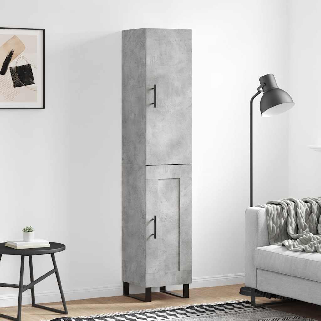 Générique Bufet wysoki szary beton 34,5 x 34 x 180 cm z drewnianymi drzwiami i metalowymi nogami, duża przestrzeń do przechowywania szafki do salonu
