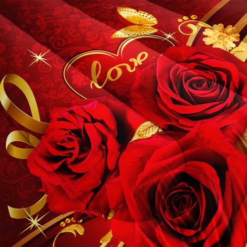 Image of AILONEN Red Rose Comforter Set Queen Size, Gold Hearts Themed Bedding, 3-Piece Romantic Luxury Flower Comforter With 2 Pillowcases, Soft Microfiber
