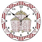 Cute Movie Theater Popcorn Wooden Wall Clock Round Vintage Clock Silent Non Ticking Battery Operated Easy to Read Wall Hanging Art Decor for Living Room Bedroom Kitchen Office School