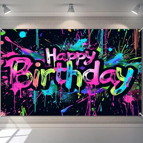 Image of HOMETITUTE Neon Happy Birthday Banner 96x72 Inch Happy Birthday Decor Party Background Decorations Colorful Graffiti Splash Paint Kids Birthday Supplies Glow Party Supplies
