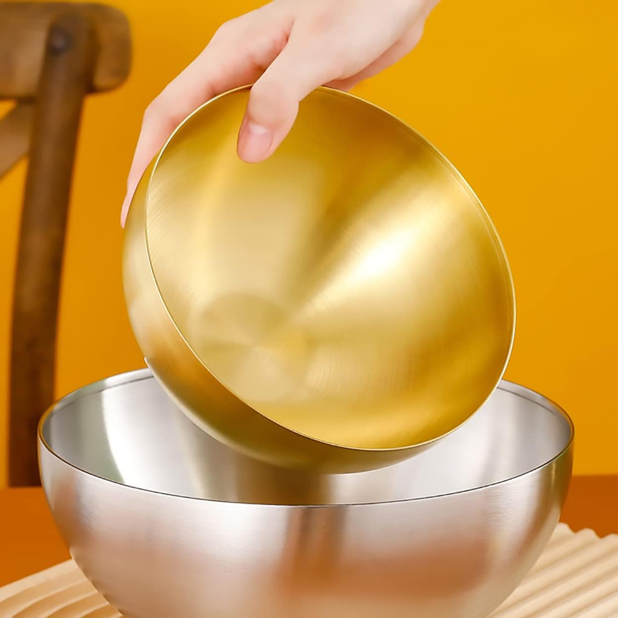 Stainless Steel Salad and Mixing Bowls Set of 2 - Nesting, Snacks, Serving for Cooking, Baking, Prepping - Small & Large 5.9 & 7.9 Inch (Gold)