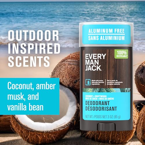 Image of Every Man Jack Coconut + Driftwood Men's Deodorant - Stay Fresh with Aluminum Free Deodorant For all Skin Types - Odor Crushing, Long Lasting, with Naturally Derived Ingredients - 3oz (3-Pack)