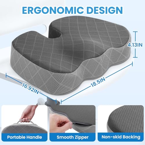 Image of TushGuard Office /Car Seat Cushion, Non-Slip Sciatica & Back Coccyx Tailbone Pain Relief Chair Pad, Memory Foam Butt Pillow for Computer Desk, Wheelchair, Driving (Black&Grey, XX-Large)