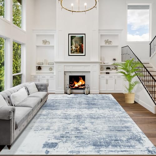 10x14 Area Rugs Washable Rug: Modern Abstract Living Room Rug Soft Anti-Skid Thin Carpet Indoor Floor Non-Shedding Carpets for Bedroom Dining Room Farmhouse Nursery Home Office Blue White