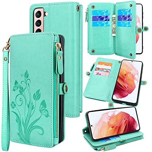 Lacass[Cards Theft Scan Protection] 10 Card Slots Holder Zipper Pocket Wallet Case Flip Leather Cover with Wrist Strap Magnetic Closure Stand Carrying Pouch for Samsung Galaxy S21(Floral Mint Green)