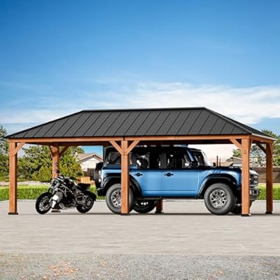 Modern Shade Tranquil Grove Wood Gazebo 12' x 24', Permanent Grill Gazebo with Galvanized Steel Hardtop Roof, Cedar Framed Wooden Pavilion for Garden, Backyard