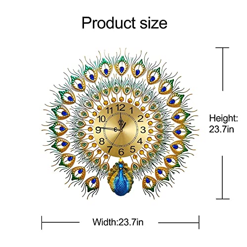 Image of Luxury Large Peacock Wall Clock 23.7 inch Non-Ticking Silent Crystal Creative Personality Modern Art Decorative Wall Clocks for Living Room Decor (Blue&Green-S)