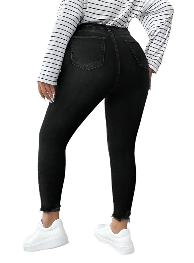 Plus Size Women's Skinny Fit Denim Jeans - Solid Color with Cat Whisker Design, High Stretch Fabric, and Casual Style2