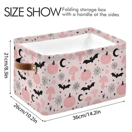 Image of Happy Halloween Pink Storage Basket with Waterproof Liner and PU Handles Pumpkin Bat Moon Mushroom Storage Bins Boxes 14.2 inch Collapsible Decorative Organizer Baskets for Bedroom Closet Office 2 Pack