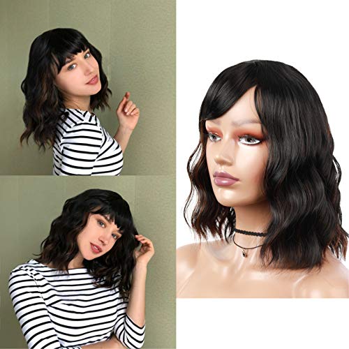 Black Brown Wigs with Bangs Synthetic Curly Short Wavy Bob Pastel Wig Medium Length Wigs for Women Natural Looking Heat Resistant Fiber Hair for Colorful Cosplay Ombre Wigs(12-black brown)