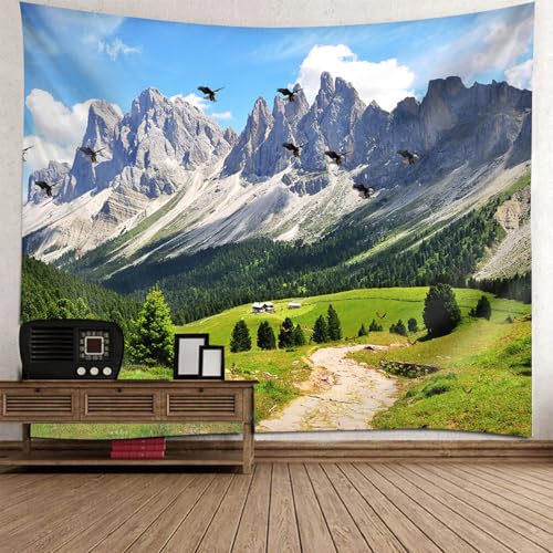 Tapisserie nature 150x150cm paysage de montagnes et forêt pour décoration murale