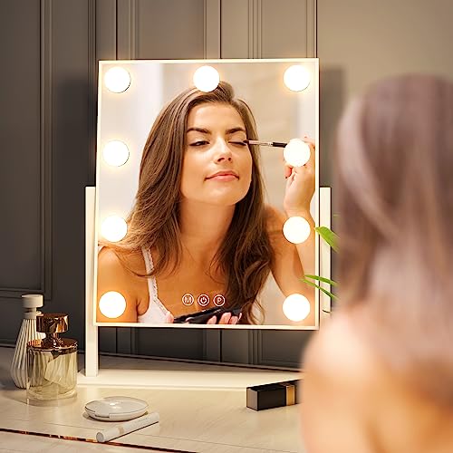 Hollywood Vanity Mirror With Lights,Tabletop Makeup Mirror With 9 Led Lights Smart Touch Control 3 Colors Light 360°Rotation #TOP4