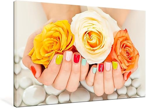 Lienzo impreso con pintura de uñas, arte de pared, salón de belleza, concepto de belleza de uñas, decoración de pared, spa de manos y rosas, pintura
