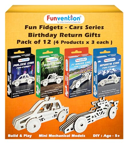 Image of Funvention Birthday Return Gifts (Pack of 12) Fun Fidgets - Cars Series | DIY Mini Mechanical Models 3D Puzzle Return Favours for Kids Birthday Party 5+ Years Made in India Toys Return Gift, Silver