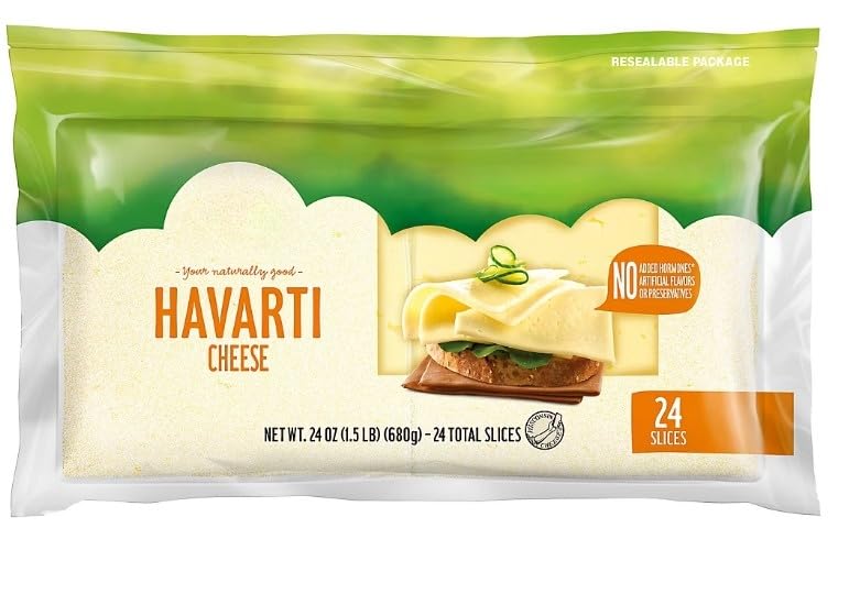 Havarti Cheese Slices are effortlessly incorporated into your favorite meal. Plus, these slices melt without a hassle, making them the perfect match for a hearty burger or a grilled cheese sandwich. [ 24 oz , 1.5 lb ]