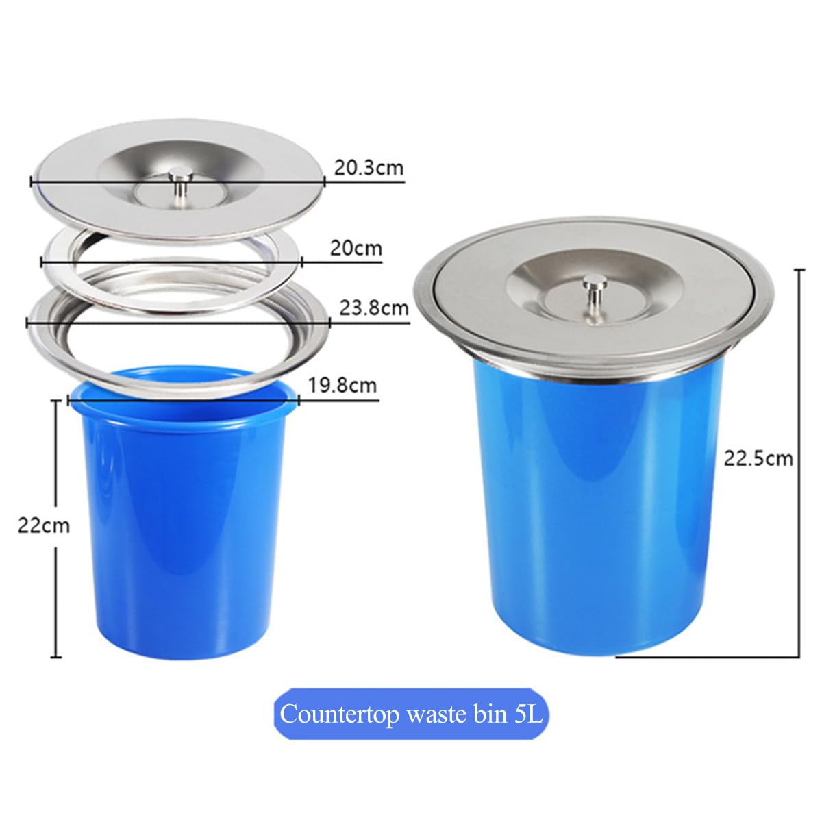 Cestino Da Incasso Per Cucina - Rotondo, Acciaio Inox, 5 Litri, Con Coperchio, Nero