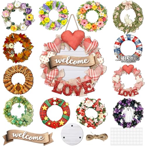 Fiwochic Interchangeable Seasonal Welcome Sign Front Door Decoration, Wood Wreaths