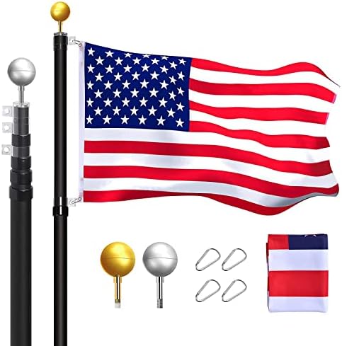 Flag Pole for Outside in Ground-20FT Telescoping Extra Thick Heavy Duty FlagPole for Yard,with 3x5 American Flag,Telescopic Adjustable Outdoor Flag Poles,for Commercial or Residential(Black)