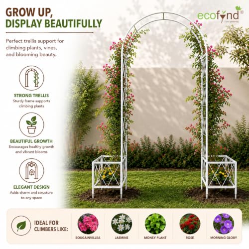 Image of ecofynd 5 Feet High x 4 Feet Wide Graden Arch Plant Stand, Metal Arbor Trellis for Climbing Plants, Backdrop Stand for Indoor Outdoor Lawn Wedding Backyard Party Decoration Items, Patio (GARCH003-WHT)