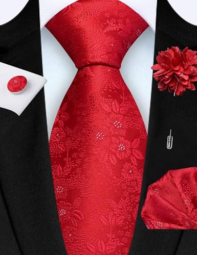 Image of GUSLESON 3.15 inch(8cm) Mens Floral Tie and Lapel Pin Necktie Hankerchief Cufflinks Set for Men