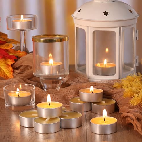 LETINE 50 Pack Bienenwachs Teelichter Kerzen - Reines Bienenwachs Teelicht, Naturbelassene Bio Teelichter ohne Duft - Rauchfrei & Sauber Brennend mit über 4 Stunden Brenndauer